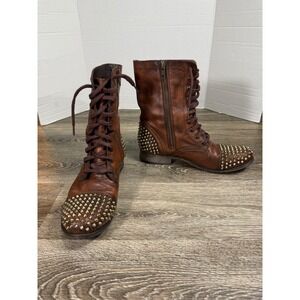 Steve Madden Tarnney Brown Leather Studded Combat Boots Side Zip Womens 10